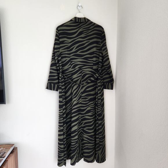 Ann Taylor Factory Green Black Zebra Print Button Front Belted Maxi Shirt Dress - Picture 6 of 9